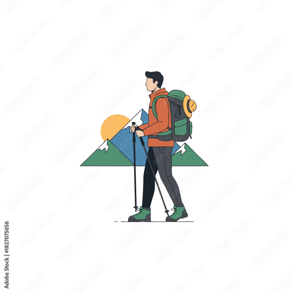 Obraz premium Adventure Seeker Outdoors Trekking on Rocky Cliff With Walking Stick Backpack and Mountains Background at Sunrise