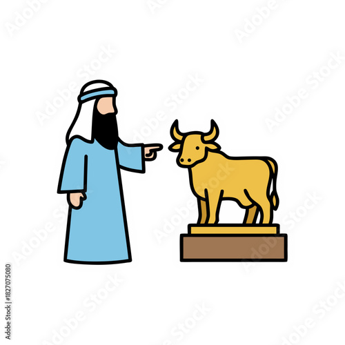 Ancient Man in Blue Robe Points to Golden Bull Statue on Pedestal in Simple Flat Vector Art Style with Clear Outline and White Border Against Black Background