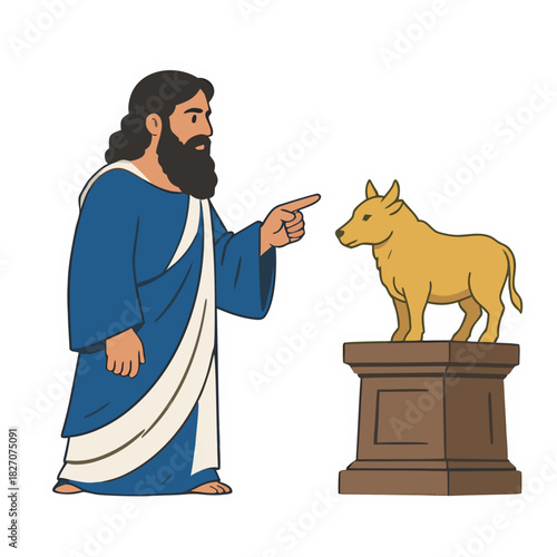 Ancient Greek Man in Blue Robe Points Finger at Golden Calf Statue on Pedestal Simple Flat Vector Art Style