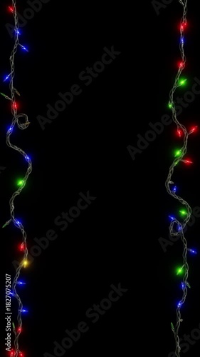 Vertical abstract Christmas fairy lights garland led neon multicolor frame border copyspace loop animation Xmas New Year greeting postcard banner template illumination festive decoration celebration