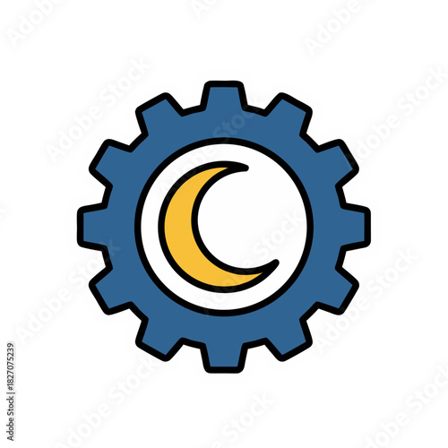 Blue Gear with Yellow Crescent Moon Inside on White Circle with Black Background Minimalist Flat Vector Art Simple Graphic Design Element
