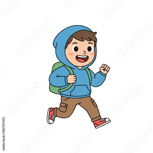 Cartoon boy wearing blue hoodie and brown pants with green backpack running happily with excitement and energy isolated on black background, front view