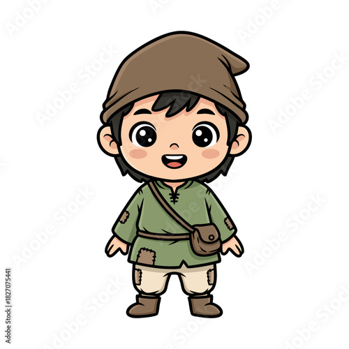 Cartoon Child Bard Character with Lute Singing Joyfully Wearing a Brown Hat and Green Tunic with a Satchel on a Black Background Simple Clean Vector Art