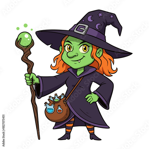 Cartoon Flat Vector of a Green Skinned Witch Wearing a Pointed Hat and Robe Holding a Glowing Staff with Potion Bag
