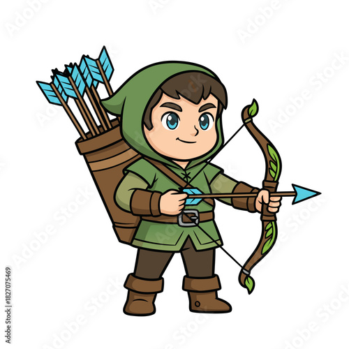 Cartoon Gnome Archer Child with Bow and Arrow Wearing Green Tunic and Boots with Quiver Full of Arrows on Black Background Pixel Art Style