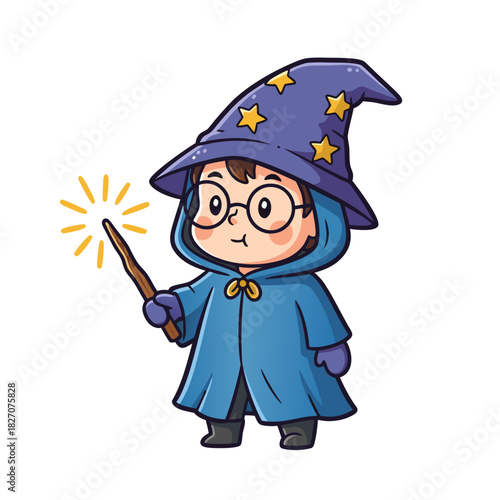 Charming Young Wizard Boy with Pointed Hat and Wand Casting a Spell with a Sparkle of Magic on a Transparent Background Flat Design Illustration