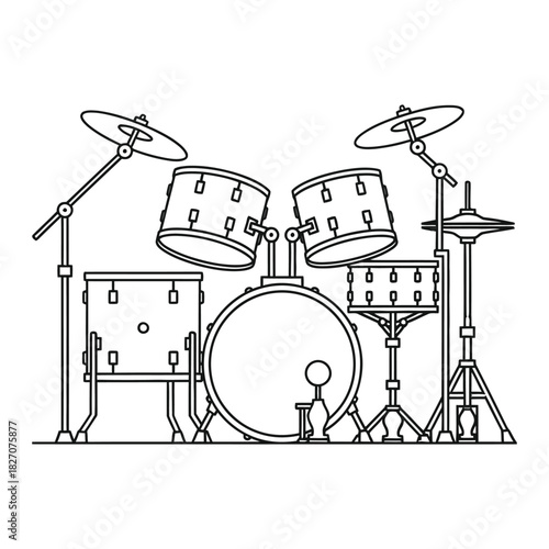 Line art illustration of a complete drum set with cymbals and bass drum isolated on white background