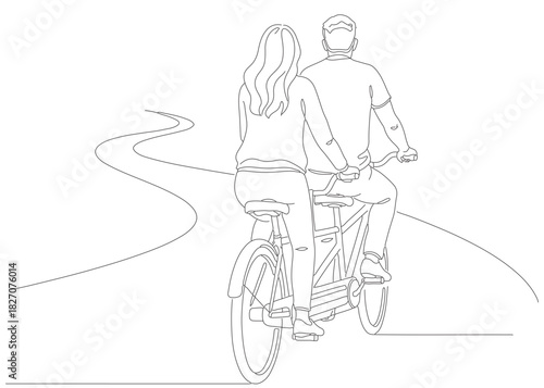 Continuous single line drawing of couple woman man bike ride together love outside back view
