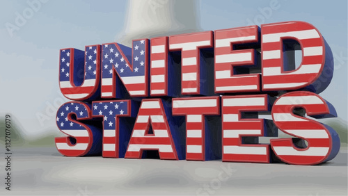 Close up of united states text with american flag pattern and a light background in the distance