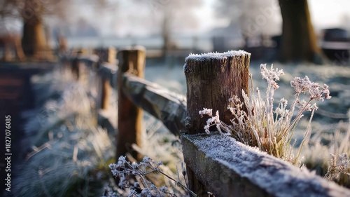 Wallpaper Mural Frost on wooden fence posts in winter morning Torontodigital.ca