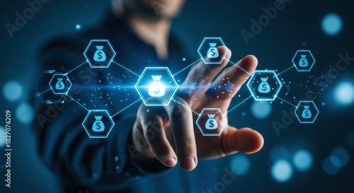 Hand touches digital money bag icon network, symbol of investment, finance, savings. Conceptual image of financial growth, banking, economy. Future tech and business strategy.