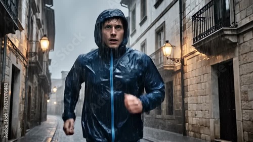 Man running in the rain on a cobblestone street.