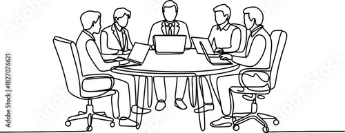 Continuous line drawing of five business professionals collaborating around a round table, working on laptops in a modern office environment, teamwork. Vector, illustration
