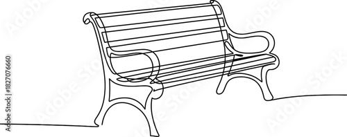 Continuous line art drawing of a classic outdoor park bench, minimalist illustration representing relaxation, public seating, and urban design. Vector, illustration