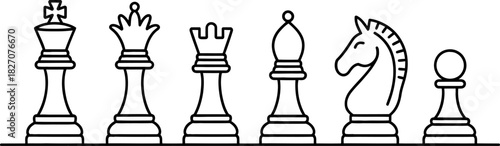 Minimalist black outline chess pieces set on white background, including king, queen, rook, bishop, knight, and pawn for strategy game. Vector, illustration