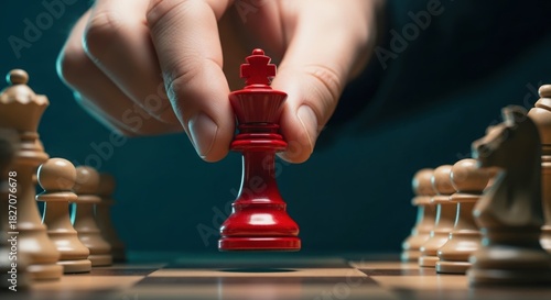 Person strategically places red chess king piece on chessboard. Teams compete for advantage. Business leader makes decision for innovation in customer-centric approach. Competitive business strategy