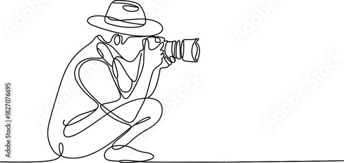 Continuous line drawing of a crouched photographer wearing a hat, holding a camera and taking a picture, minimalist vector illustration Vector, illustration