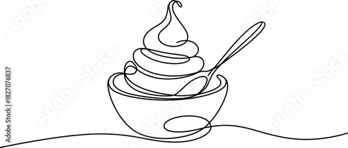 Continuous line art drawing of a delicious swirled soft serve ice cream or frozen yogurt in a bowl with a spoon, minimalist design element. Vector, illustration