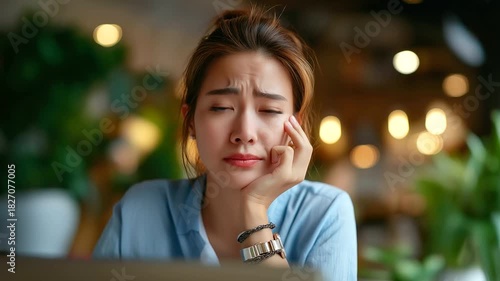 Wallpaper Mural Frustrated Asian woman at home with lagging video call, Wi-Fi error overlay, buffering bar, remote work stress moment, with copy space Torontodigital.ca