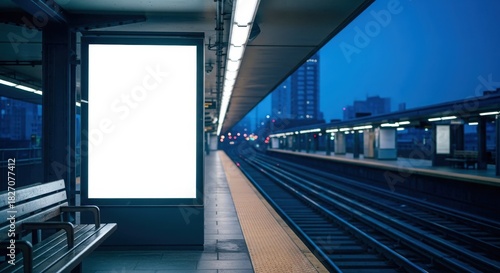 Fototapeta Naklejka Na Ścianę i Meble -  Empty billboard at train station at night. Wooden bench beside. Urban setting. City lights visible in background. Waiting area for commuters. Nighttime scene of public transport facility. Modern