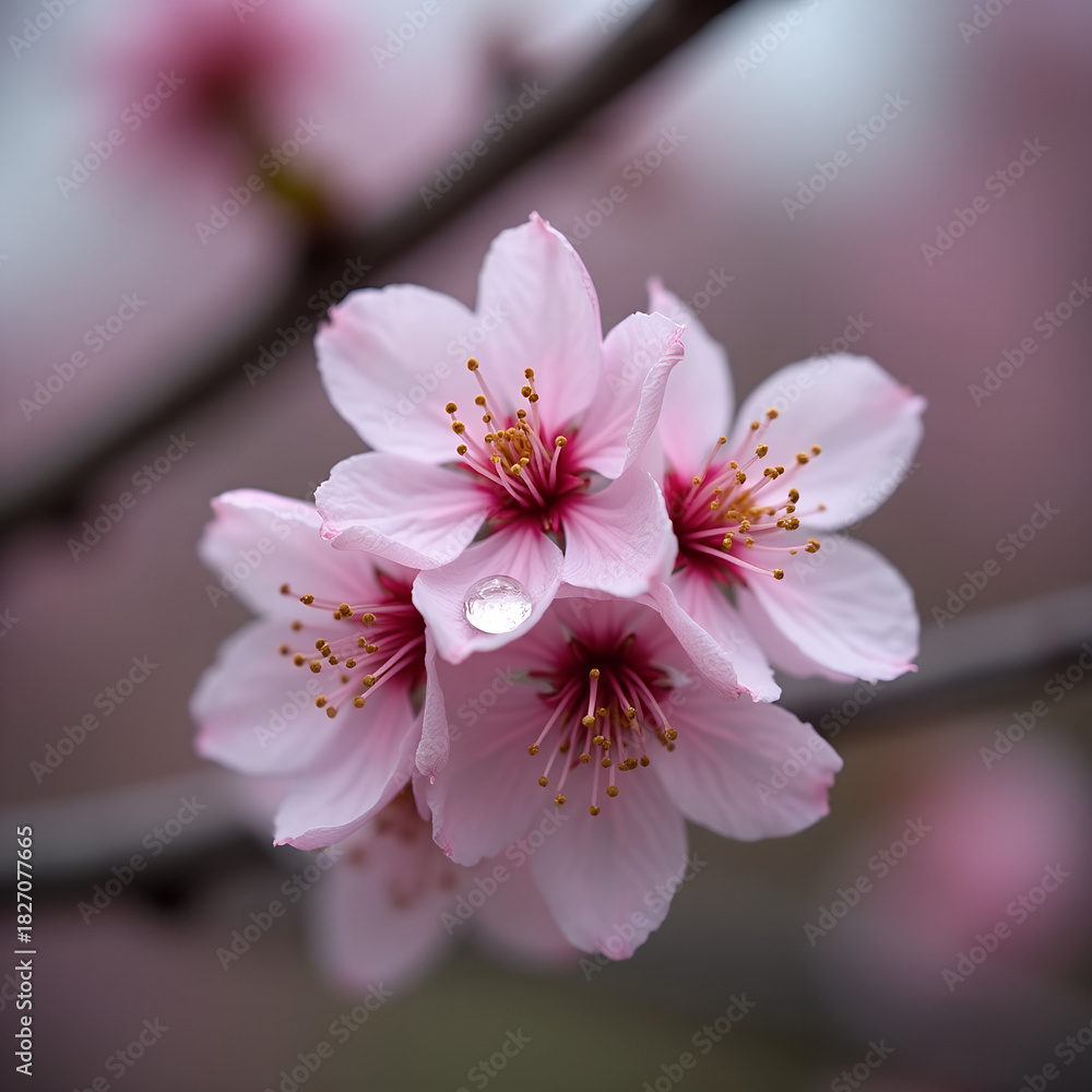 Obraz premium Macro Pink Cherry Blossom Sakura with Water Droplet, Mother's Day