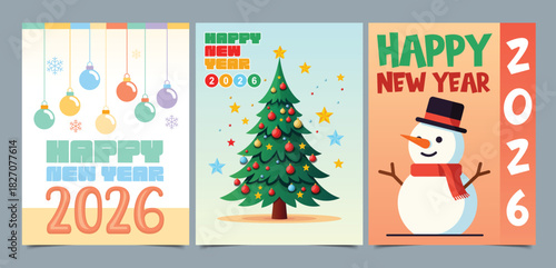 Three new year greeting cards featuring christmas ornaments tree and snowman for the year twenty twenty six