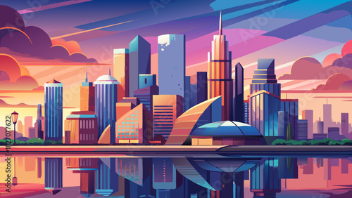 Very beautiful panoramic urban skyline featuring a harmonious blend of modern architecture, calm waterfront reflections, and a colorful sunset sky creating a serene East Coast atmosphere with soft art