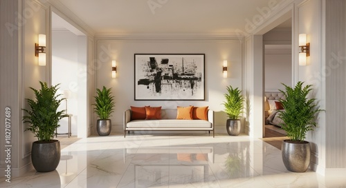 Wallpaper Mural Modern home entryway. White walls, marble floor, sofa with pillows. Decorative plants, artwork. Hallway leads to bedroom. Stylish, luxury apartment interior with modern design, natural light. Torontodigital.ca