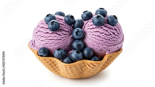 Blueberry ice cream scoops in a waffle cone garnished with fresh blueberries isolated on white background