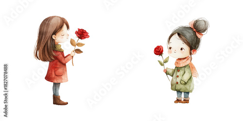cute girl holding red rose watercolor vector illustration