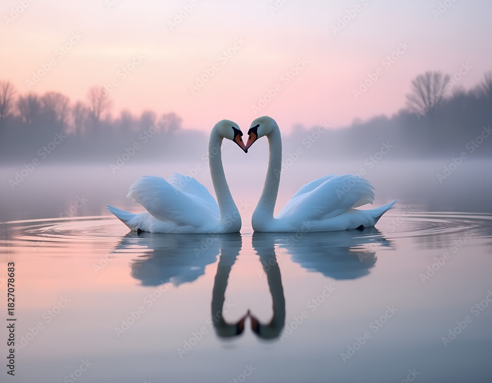 Fototapeta premium Heart-Shaped Swans on Misty Pastel Sunrise Lake — Romantic Valentine/Wedding Background with Copy Space