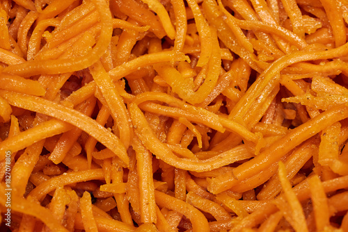 Close-Up of Spicy Korean Carrot Salad – Fresh Shredded Carrots with Seasoning