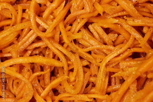 Close-Up of Spicy Korean Carrot Salad – Fresh Shredded Carrots with Seasoning