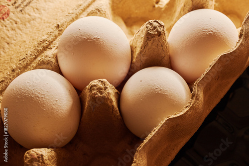 Close-up of several chicken eggs in a paper egg carton
