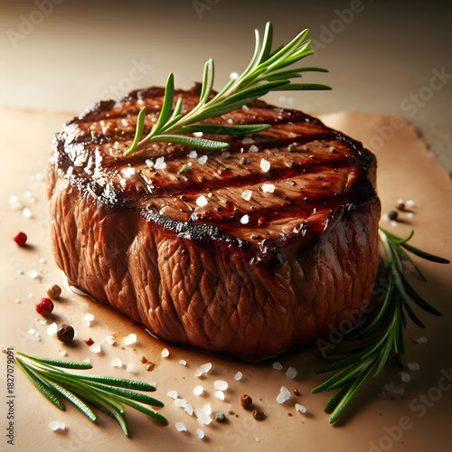  Single beef steak with rosemary garnish, photographed against a soft beige background