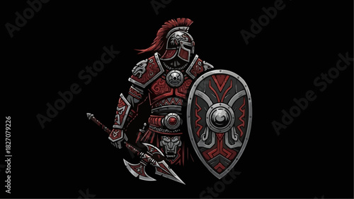 Illustration of a spartan warrior with a red plumed helmet holding a spear and a shield design art