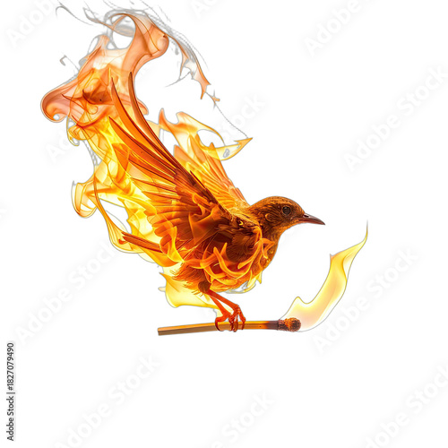A fiery bird emerges from flames while holding a lit matchstick against a stark black background.