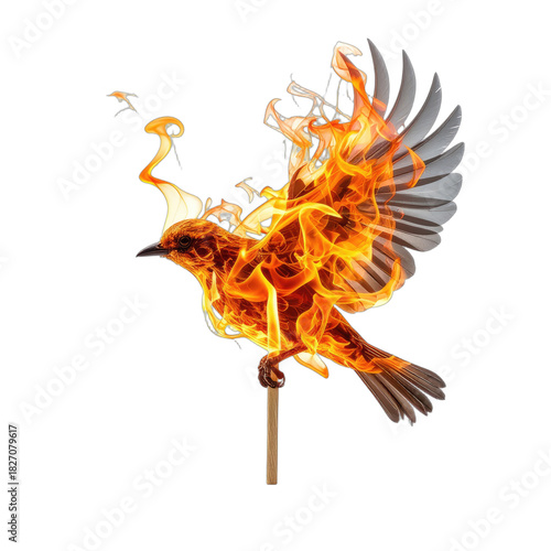 A fiery bird in flight perched upon a wooden matchstick against a black background.