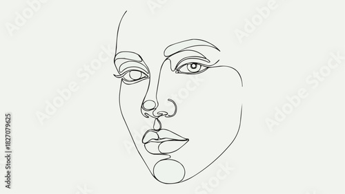 Continuous line drawing of a woman's face with detailed eyes and lips in a minimalist style art