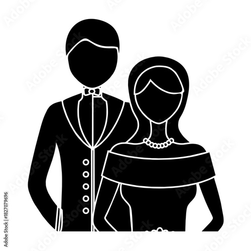 Business vector silhouette illustration of a standing businessman and woman in a suit and tie, representing people working in an office