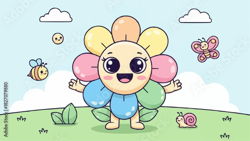 Cartoon flower character with a bee butterfly and snail in a bright and colorful outdoor scene design