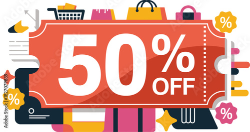50 percent off discount coupon vector illustration for promotional sales isolated on white background