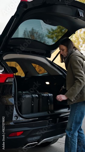 Person putting suitcase baggage into car trunk Travel Luggage Holiday Vacation Preparation Tourism Trip Vehicle Cargo Load