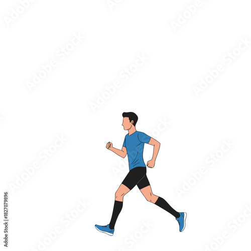 Athletic Man in Blue Shirt and Black Shorts Jogging by a Serene Lake During a Peaceful Morning Outdoor Recreation Scene