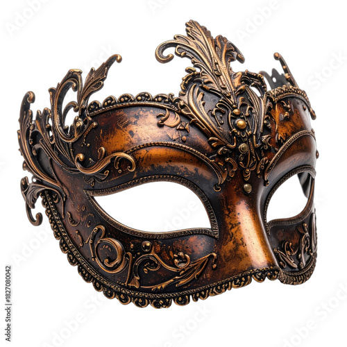 An ornate, antique-style Venetian masquerade mask in rich bronze and dark patina.