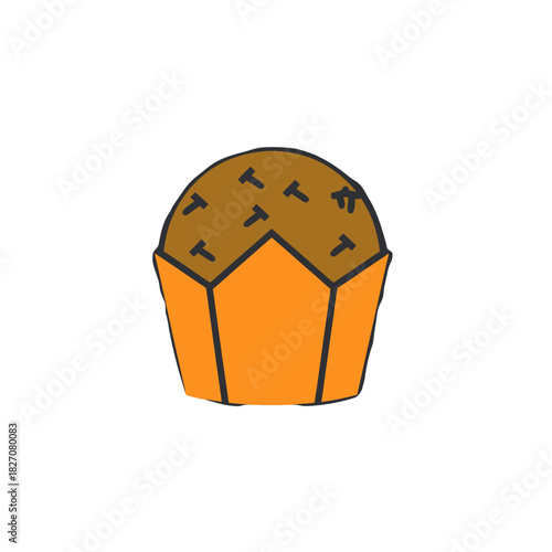 A brown cupcake with dark brown speckles in an orange wrapper on a black background stylized flat vector art illustration