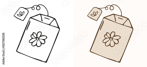 Simple, colored, and outline hand-drawn illustration of a decorative tea bag with a flower pattern on the front and a leaf tag. Perfect for designs focusing on organic tea, herbal infusions.