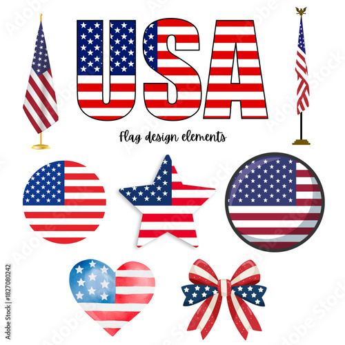 Set of american flag design elements: usa text, heart, star, circle, bow tie and flag on pole