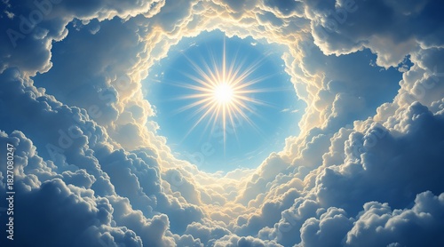 A radiant sun shines brightly through a circular opening in the clouds, creating a heavenly and ethereal atmosphere