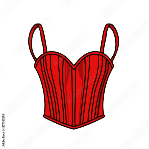 A red striped corset with black straps and a sweetheart neckline depicted in a minimalist flat vector art style on a pure white background suitable for sticker design.